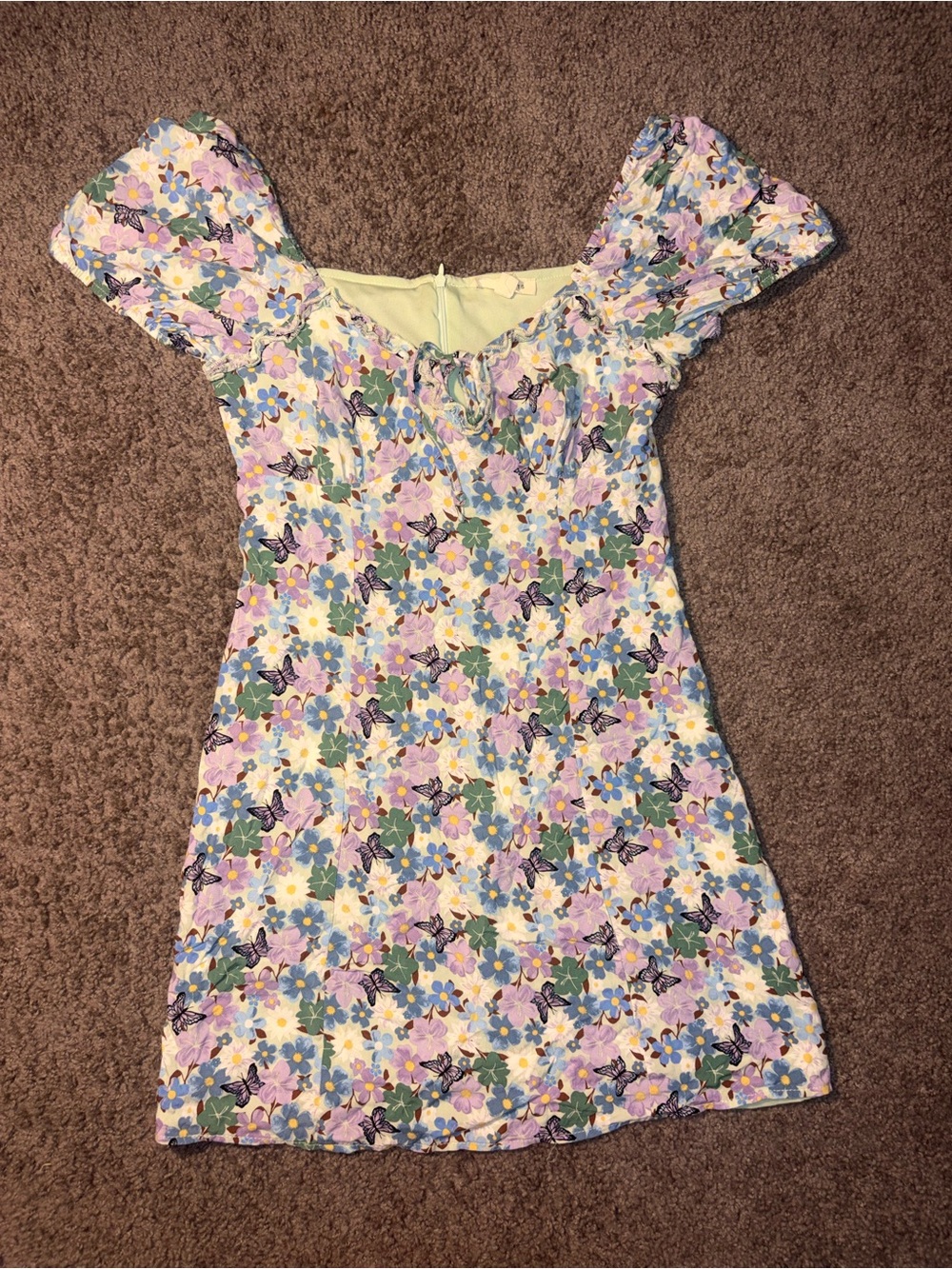 La Hearts Pastel Floral Puff-Sleeve Dress in Lavender, Green & Blue
